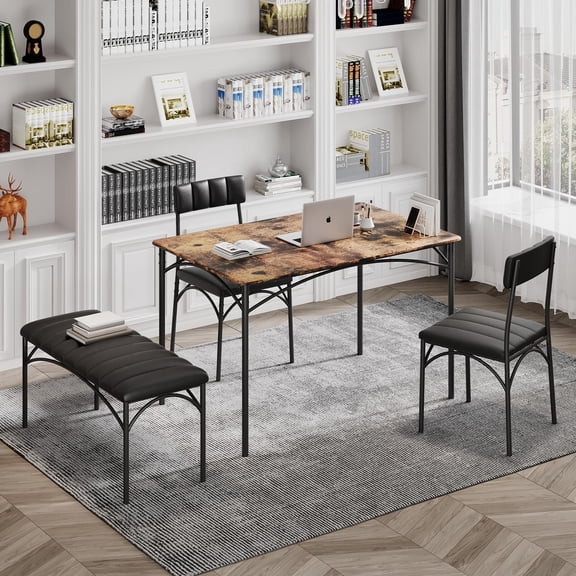 4 EVER WINNER 4-Person Dining Table Set, Kitchen Table with Upholstered Bench & 2 Chairs, Rustic Brown for Small Space, Apartment, Breakfast Nook