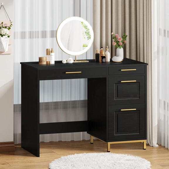 4 EVER WINNER 43" Black & Gold Desk with 4 Storage Drawers & Shelves, Luxury Multi-Functional Computer Desk for Home Office