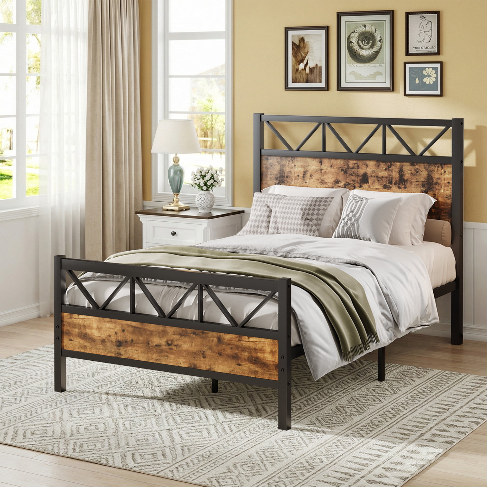 4 EVER WINNER 51.2" Industrial Metal Twin Bed Frames with Tall Headboard & Footboard, Strong Metal Slats Support and Noise-Free Design with Under Bed Storage/No Box Spring Needed, Rustic Brown