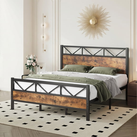 4 EVER WINNER 51.2" Metal King Bed Frame with Tall Headboard & Footboard, King Bed Frame, Strong Metal Slats Support and Noise-Free Design with Under Bed Storage/No Box Spring Needed, Rustic Brown
