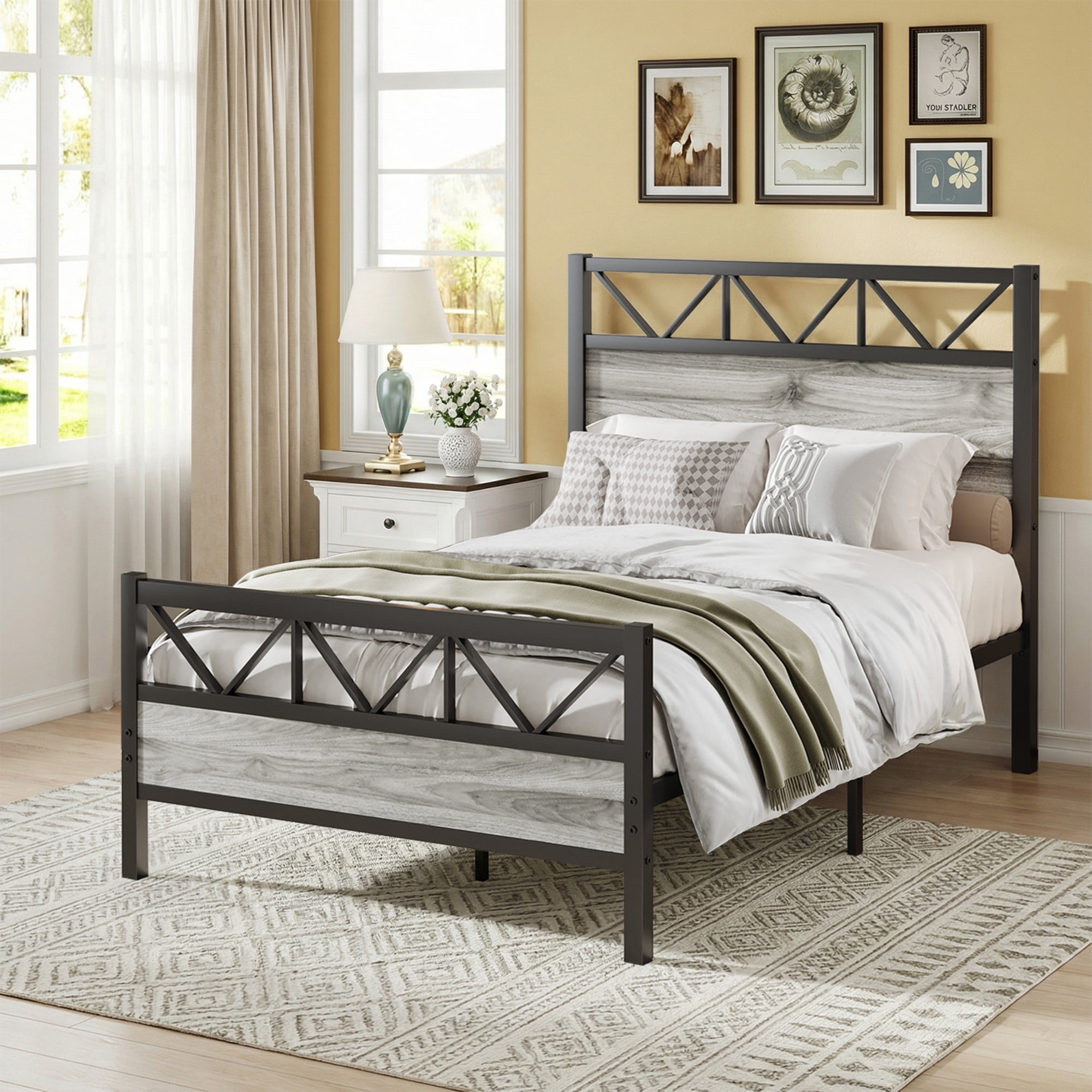 4 EVER WINNER 51.2" Twin Size Metal Platform Bed Frame with Vintage Style Headboard and Footboard/Mattress Foundation/Under Bed Storage/No Box Spring Needed/Easy Assembly/Noise Free/Wash Grey