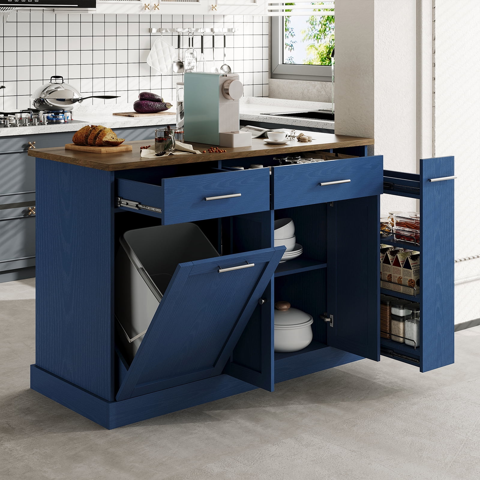 4 EVER WINNER 53" Rolling Kitchen Island on Wheels, Mobile Kitchen Cart with Trash Can Storage, 3-Tier Spice Rack & Adjustable Shelves, Kitchen Island Table for Storage & Organization, Blue