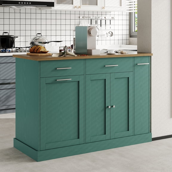 4 EVER WINNER 53" Rolling Kitchen Island on Wheels, Mobile Kitchen Cart with Trash Can Storage, 3-Tier Spice Rack & Adjustable Shelves, Kitchen Island Table for Versatile Kitchen Storage, Deep Green