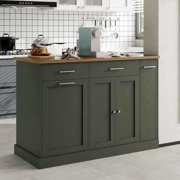 4 EVER WINNER 53" Rolling Kitchen Island with Storage, Portable Kitchen Island with 3 Large Spice Racks, Trash Can & Adjustable Shelves, Green