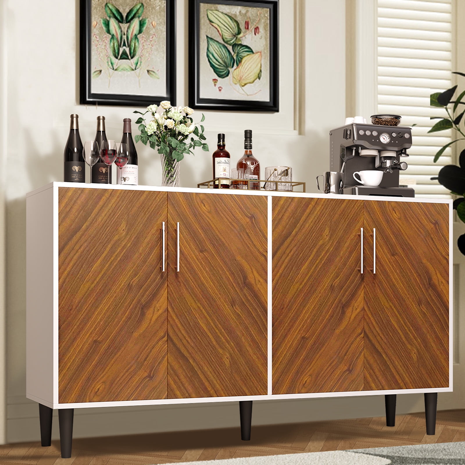 4 EVER WINNER 58" Buffet Cabinet with Storage, Vintage Sideboard with Adjustable Shelves & Metal Handle, Mid Century Modern Coffee Bar for Kitchen, Dining Room, White