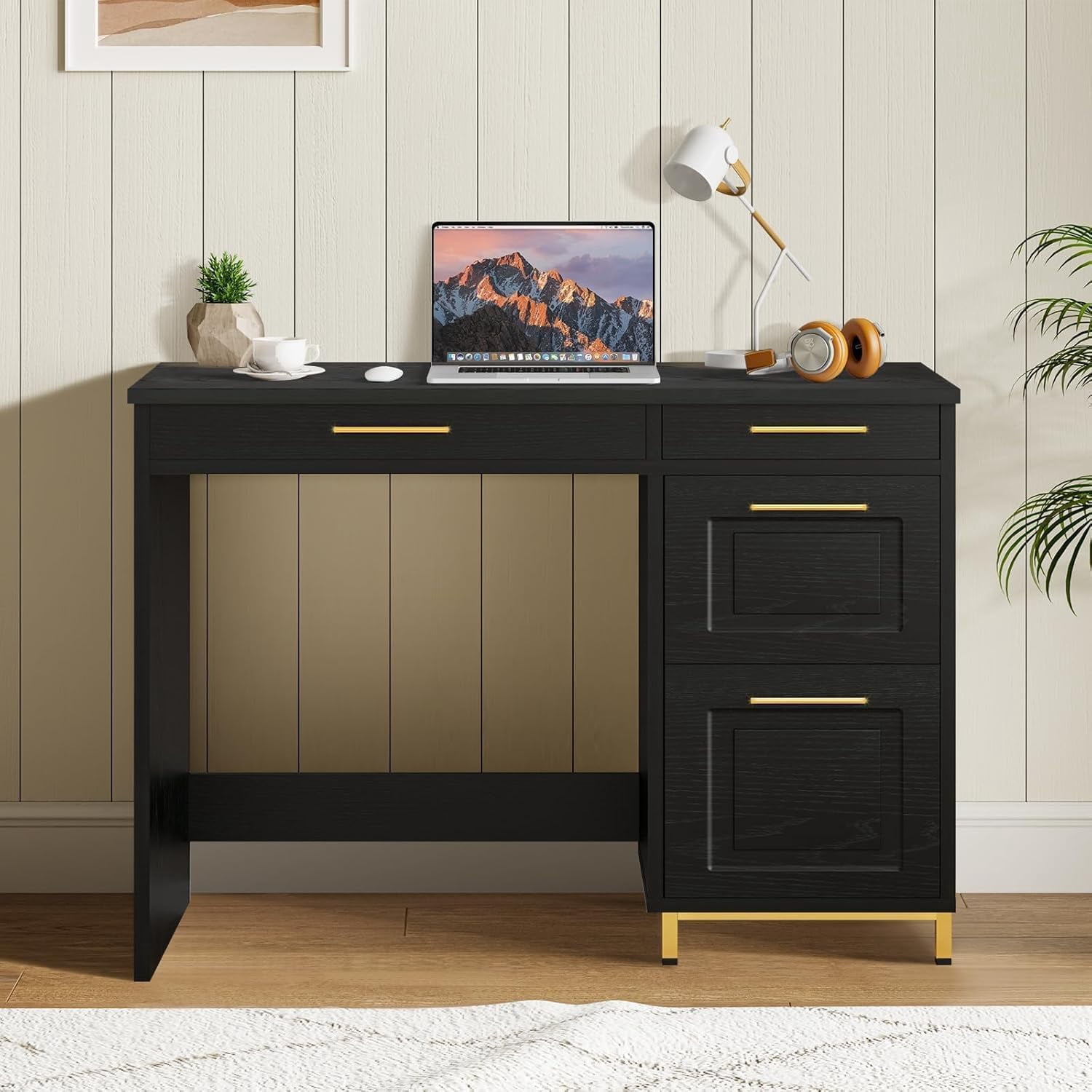 4 EVER WINNER Black Desk with Drawers and Golden Handles, 43 Inch Home Office Desk for Bedroom ...