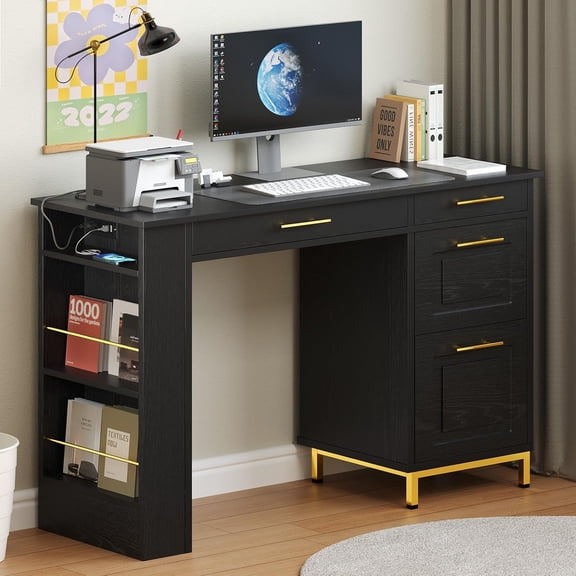 4 EVER WINNER Black Desk with Drawers and Power Outlet, 48 Inch Computer Desk with Storage Shelves, Writing Desk Study Table with Golden Handle for Small Space, Black