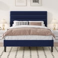 thumbnail image 1 of 4 EVER WINNER Blue Full Velvet Platform Bed Frame, Horizontal Stitched Upholstery, Reinforced Anti-Squeak Structure, Heavy-Duty Slats, No Box Spring Required, 1 of 9