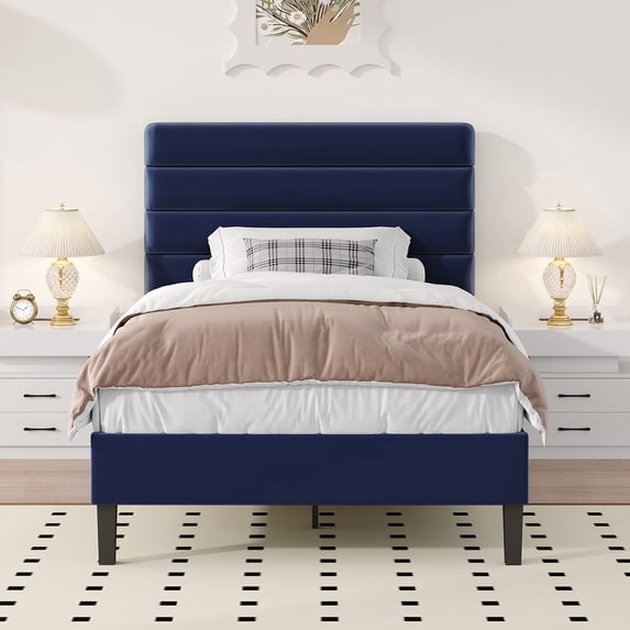 4 Ever Winner Blue Twin Velvet Platform Bed Frame, Horizontal Stitched Upholstery, Reinforced Anti-Squeak Structure, Heavy-Duty Slats, No Box Spring Required