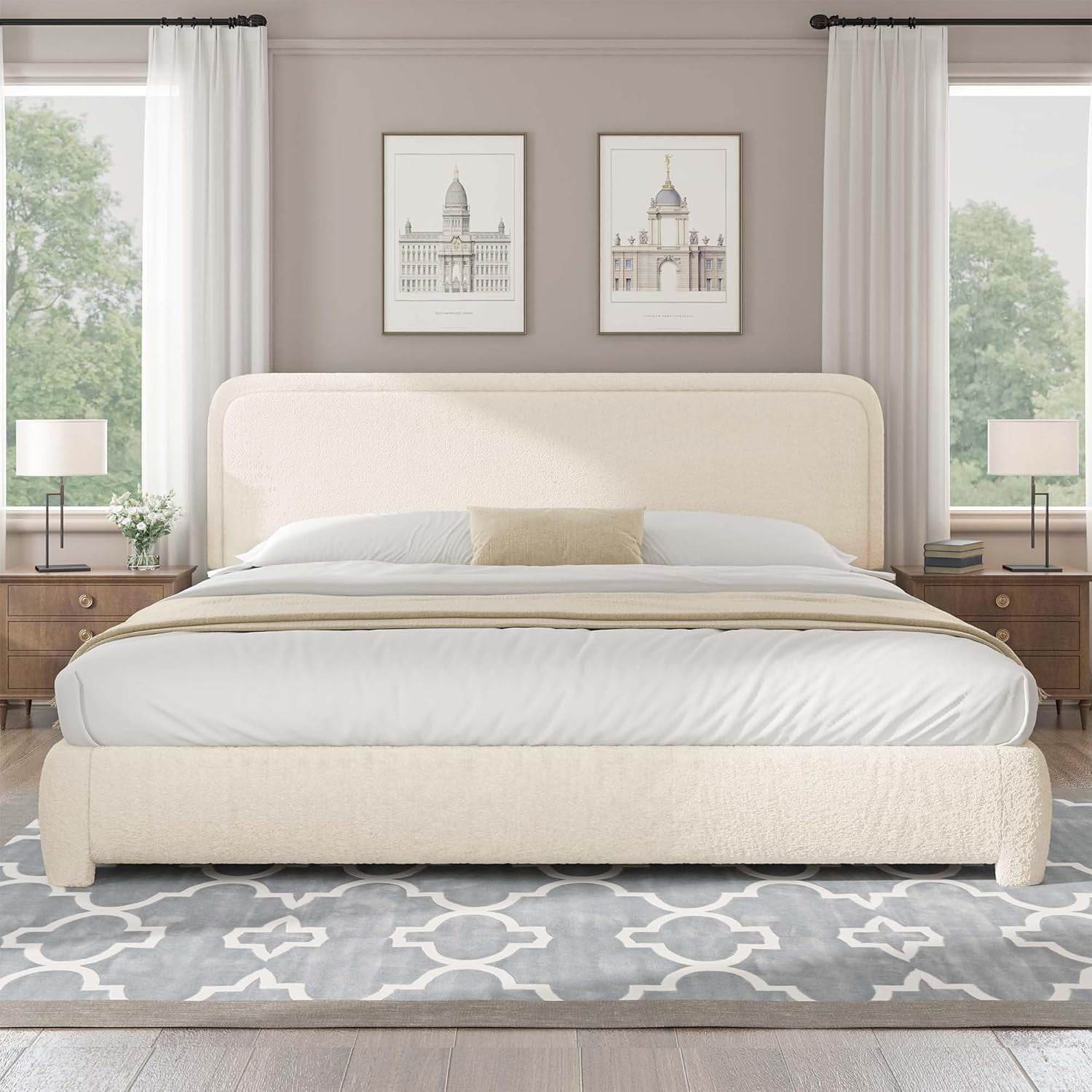 4 EVER WINNER California King Size Bed Frame, Boucle Upholstered Bed Frame with Headboard, No Box Spring Required, Easy Assembly, Cream