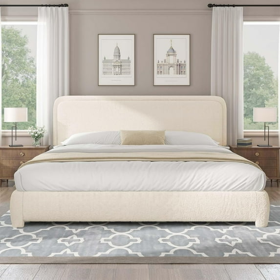 4 EVER WINNER California King Size Bed Frame, Boucle Upholstered Bed Frame with Headboard, No Box Spring Required, Easy Assembly, Cream
