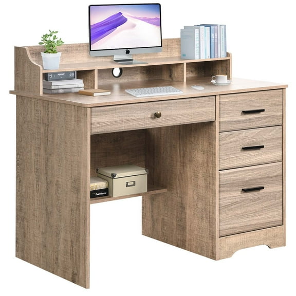 4 EVER WINNER Computer Desk with Drawers, Home Office Desk with Hutch Shelf, Small Desk with Storage for Small Space, Dark Oak