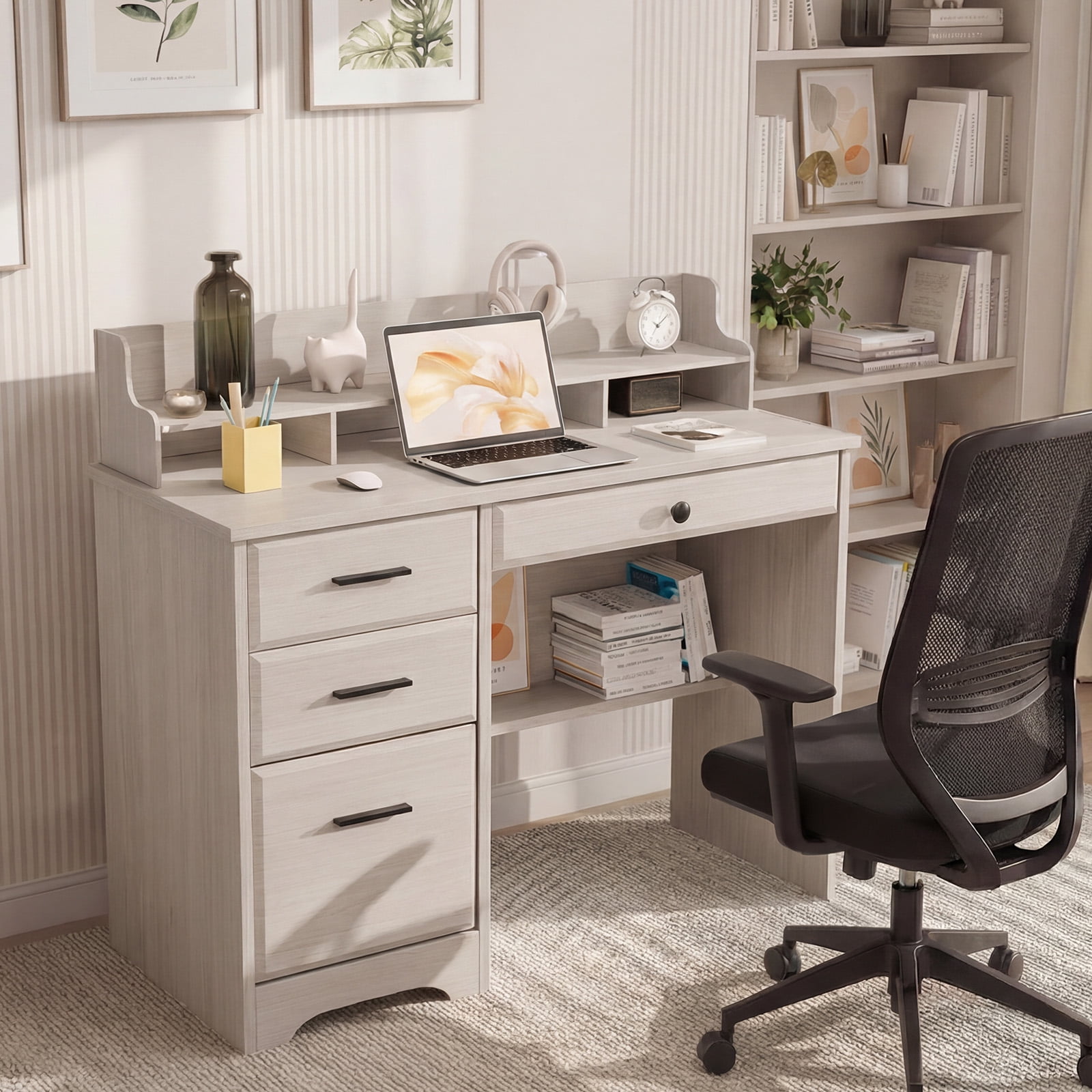 4 Ever Winner White Oak Wood Writing Desk with Hutch and Storage for Small Spaces