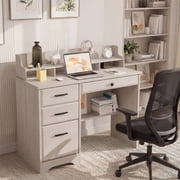4 Ever Winner White Oak Wood Writing Desk with Hutch and Storage for Small Spaces