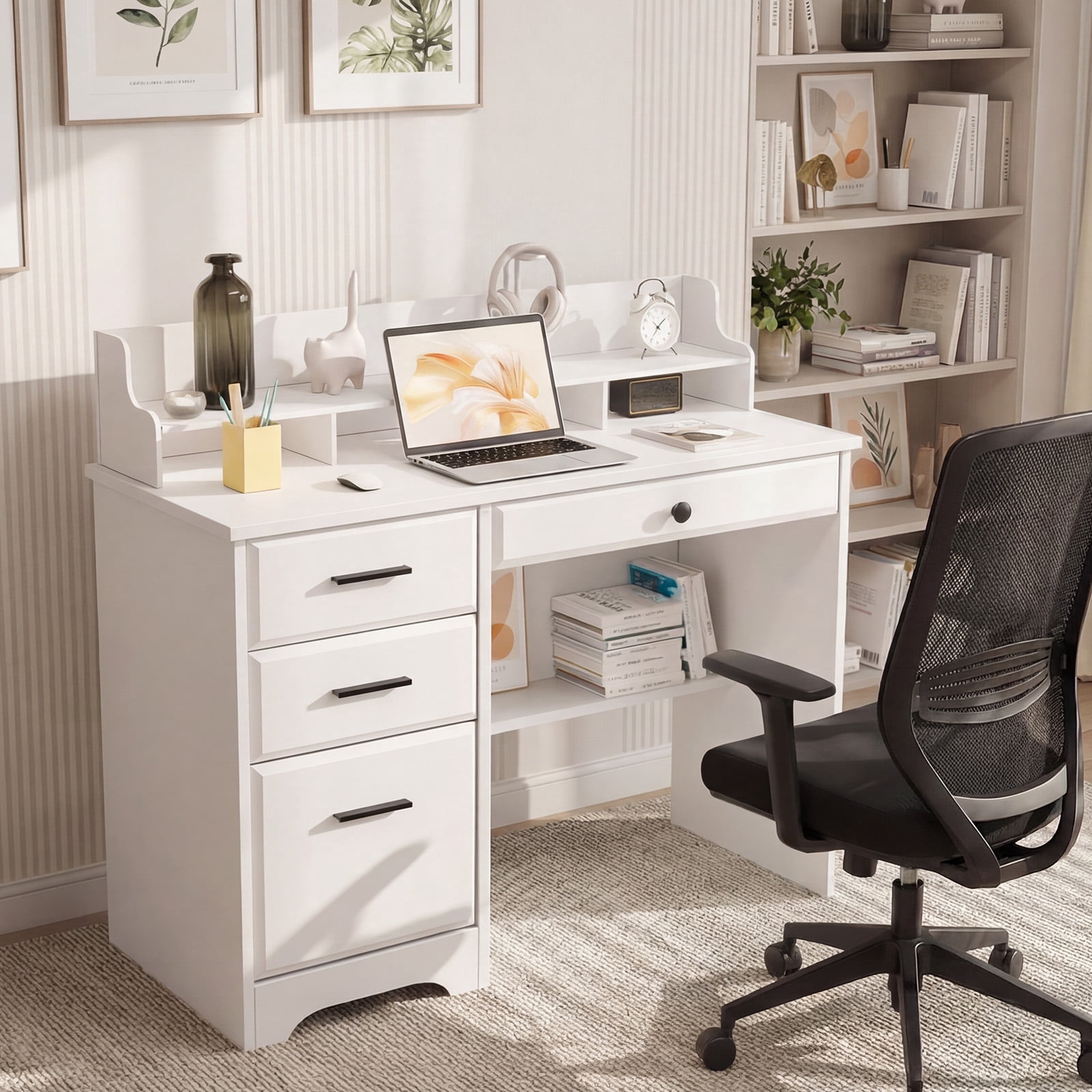 【新品・送料無料】ドレッサーデスク　NA/WAL/WH 4 Ever Winner Computer Desk with Drawers, White Writing Desk with