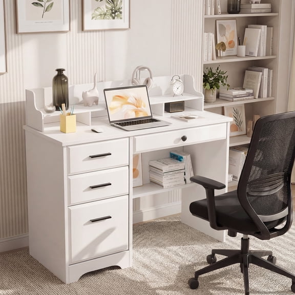 4 EVER WINNER Computer Desk with Drawers, Home Office Desk with Hutch Shelf, Small Desk with Storage for Small Space, White
