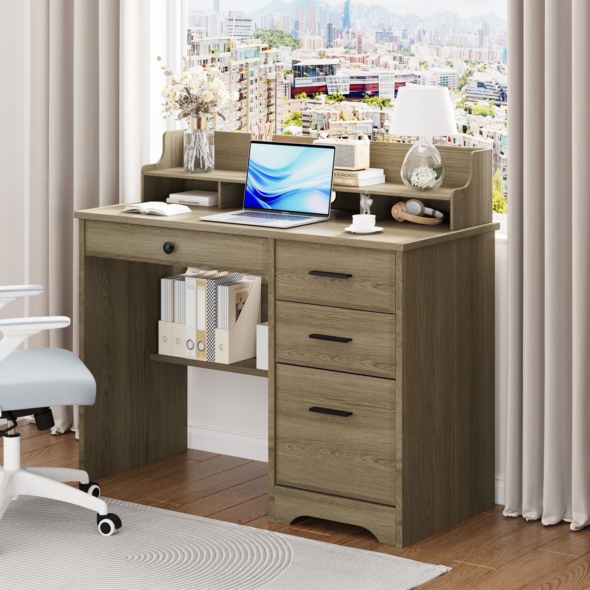 4 EVER WINNER Computer Desk with Drawers & Monitor Stand, Small Wood Desk with File Storage, Writing Study Desk for Bedroom Home Office, Grey