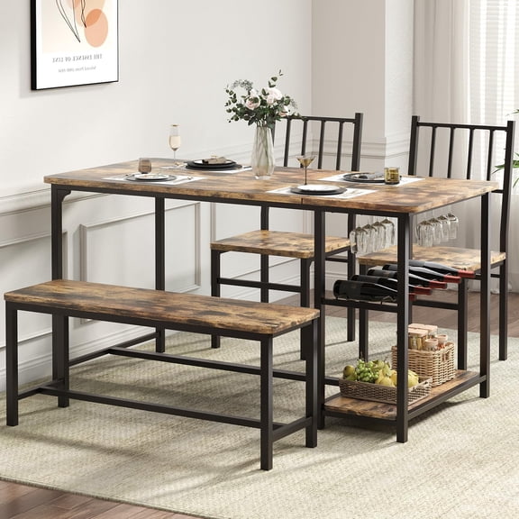 4 EVER WINNER Dining Table Set, Kitchen Table with 2 Chairs & Bench, Rustic Brown Dining Room Table with Built-in Wine Rack, Wine Glass Holder & Storage Shelves, Compact Furniture for Small Space