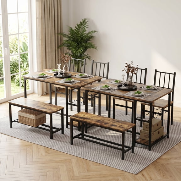 4 EVER WINNER Dining Table Set, Kitchen Table with 2 Chairs & Bench, Rustic Brown Dining Room Table with Built-in Wine Rack, Wine Glass Holder & Storage Shelves, Compact Furniture for Small Space