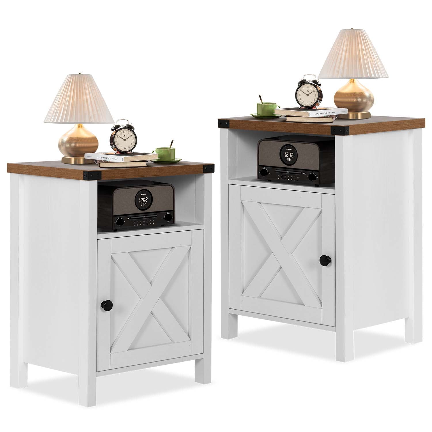 4 Ever Farmhouse End Table Set of 2, White Nightstand for Bedroom