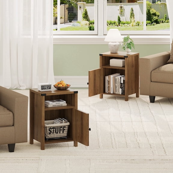 4 EVER WINNER Farmhouse 2-Pack Barn Door Nightstands, Rustic Dark Oak Storage End Tables, Industrial Bedside Tables for Bedroom & Living Room