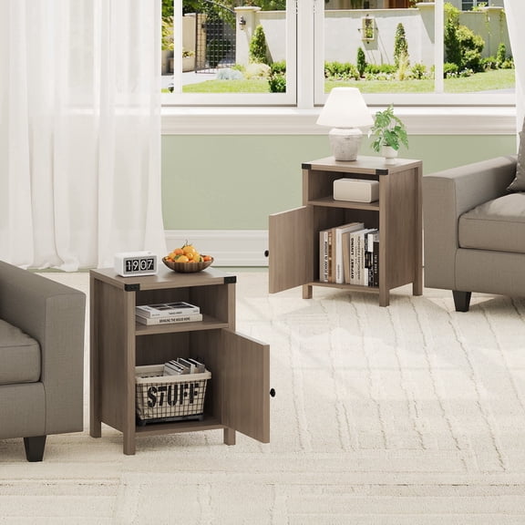 4 EVER WINNER Farmhouse 2-Pack Barn Door Side Tables, Rustic Gray Storage End Tables, Stylish Bedside Tables for Bedroom & Living Room