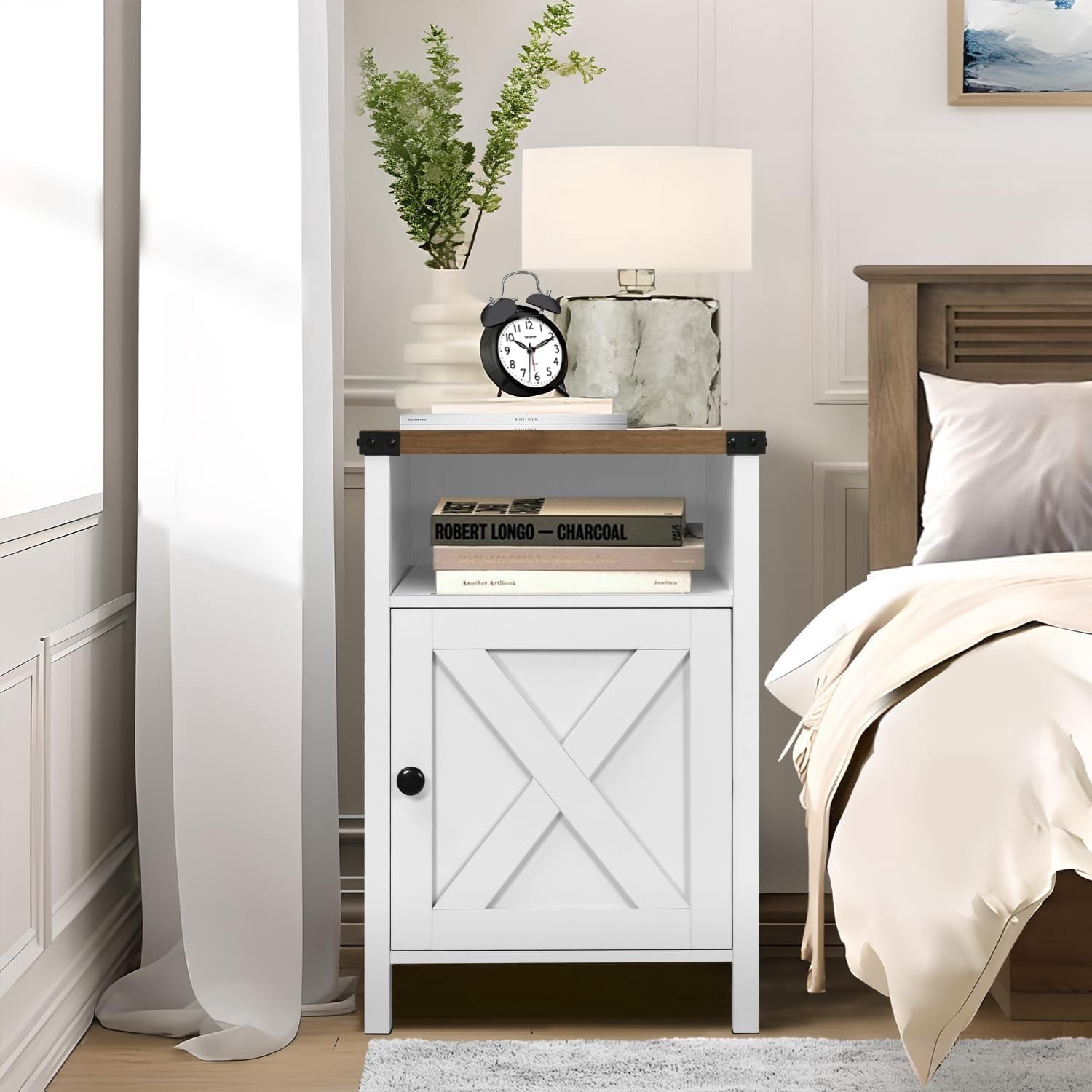 4 EVER WINNER Farmhouse Barn Door Side Table Set of 2, Cream White End Table with Barn Door Storage, Bedside Table for Bedroom Living Room
