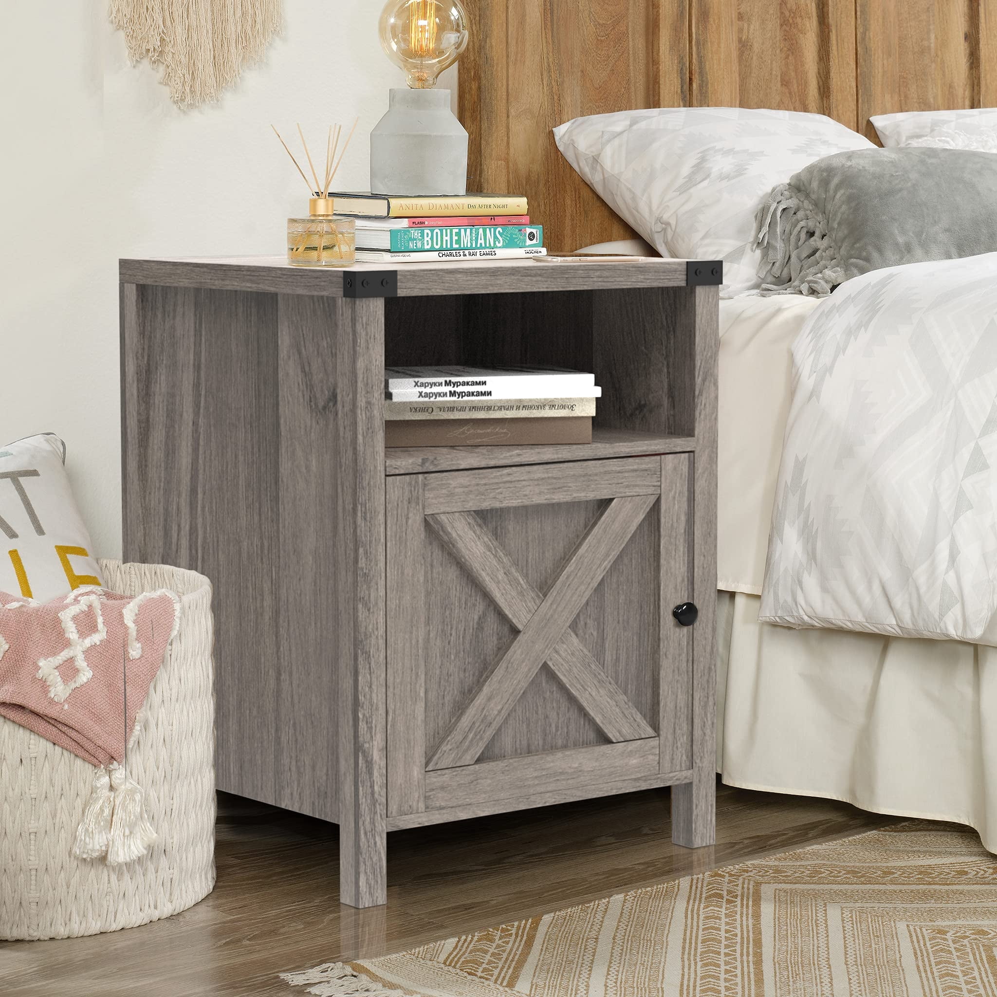 4 EVER WINNER Farmhouse Barn Door Side Table Set of 2, Rustic Gray End Table with Barn Door Storage, Bedside Table for Bedroom Living Room