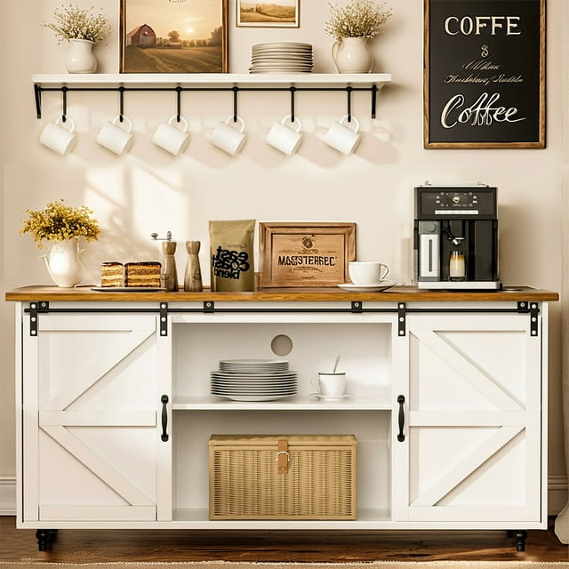 4 EVER WINNER Farmhouse Coffee Bar Cabinet, Sideboard Buffet Cupboard ...