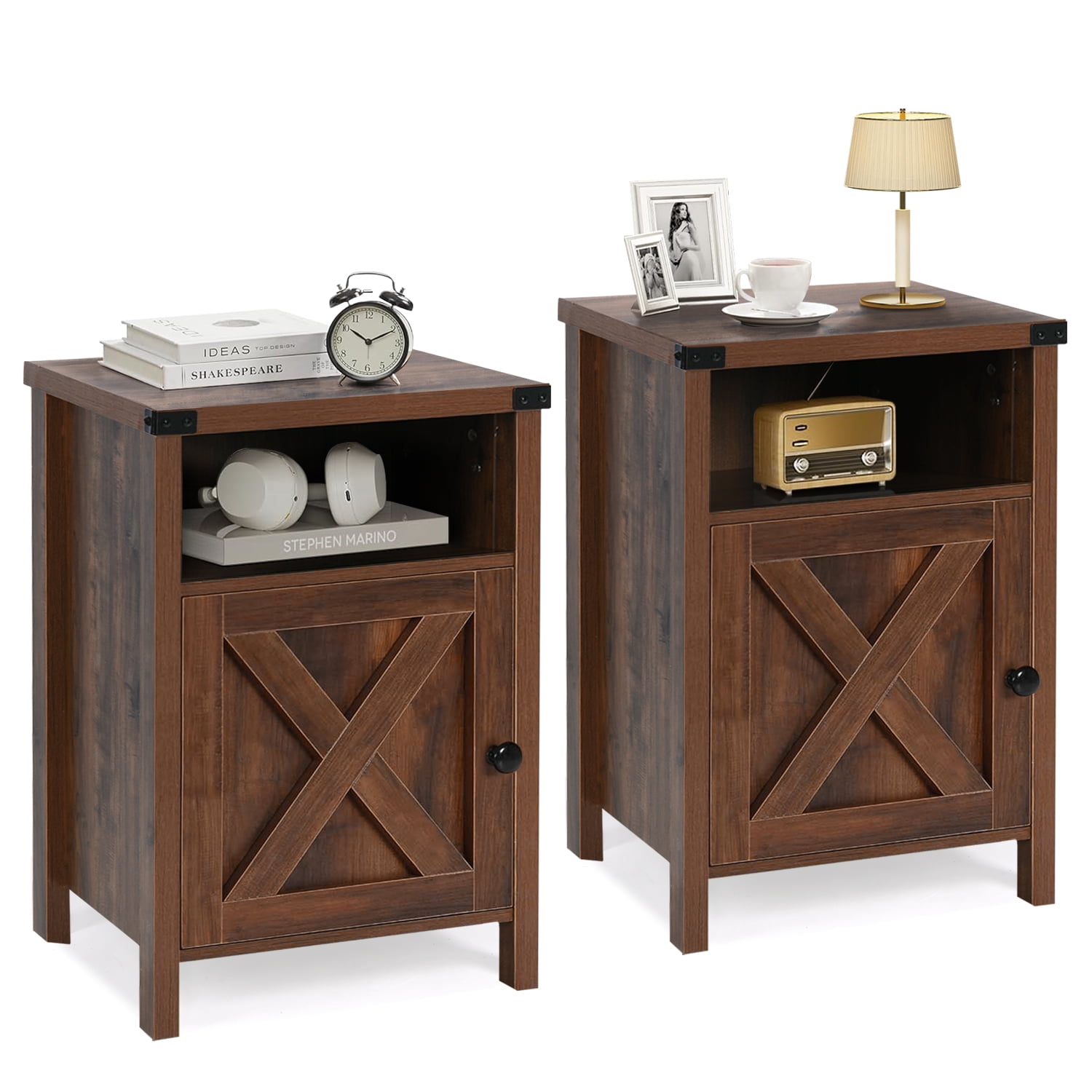 4 Ever Winner Rustic Bedside Barn Nightstand Set of 2, Compact End Table with Storage, Oak