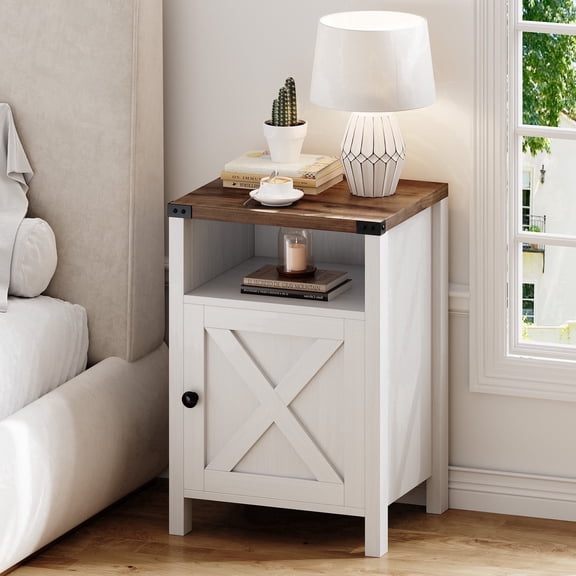 4 EVER WINNER Farmhouse Single Barn Door Side Table, Cream White Storage End Table, Space-Saving Entryway Accent Table for Small Areas