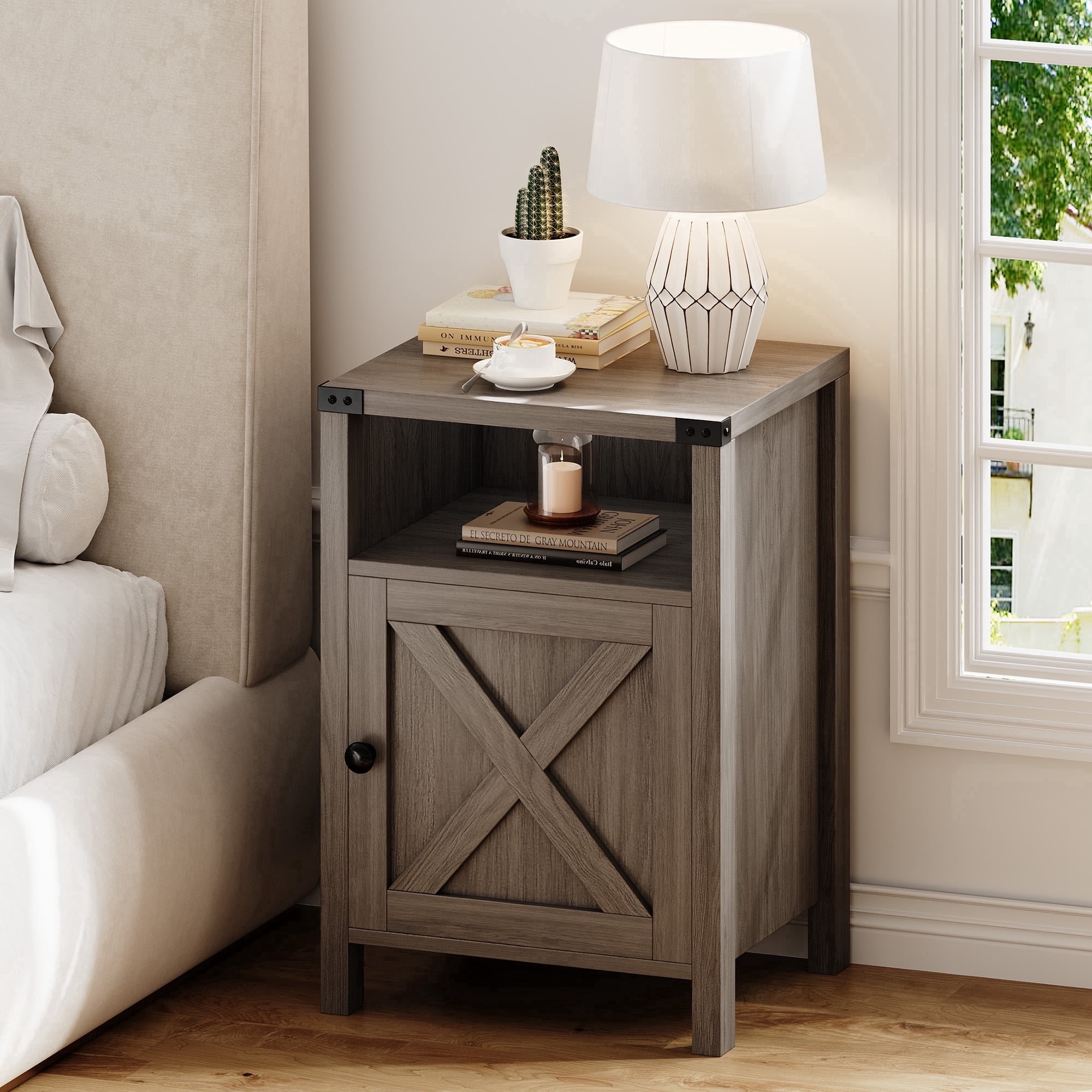 4 EVER WINNER Farmhouse Single Barn Door Side Table, Rustic Gray Storage End Table, Industrial Bedside Nightstand for Bedroom Spaces