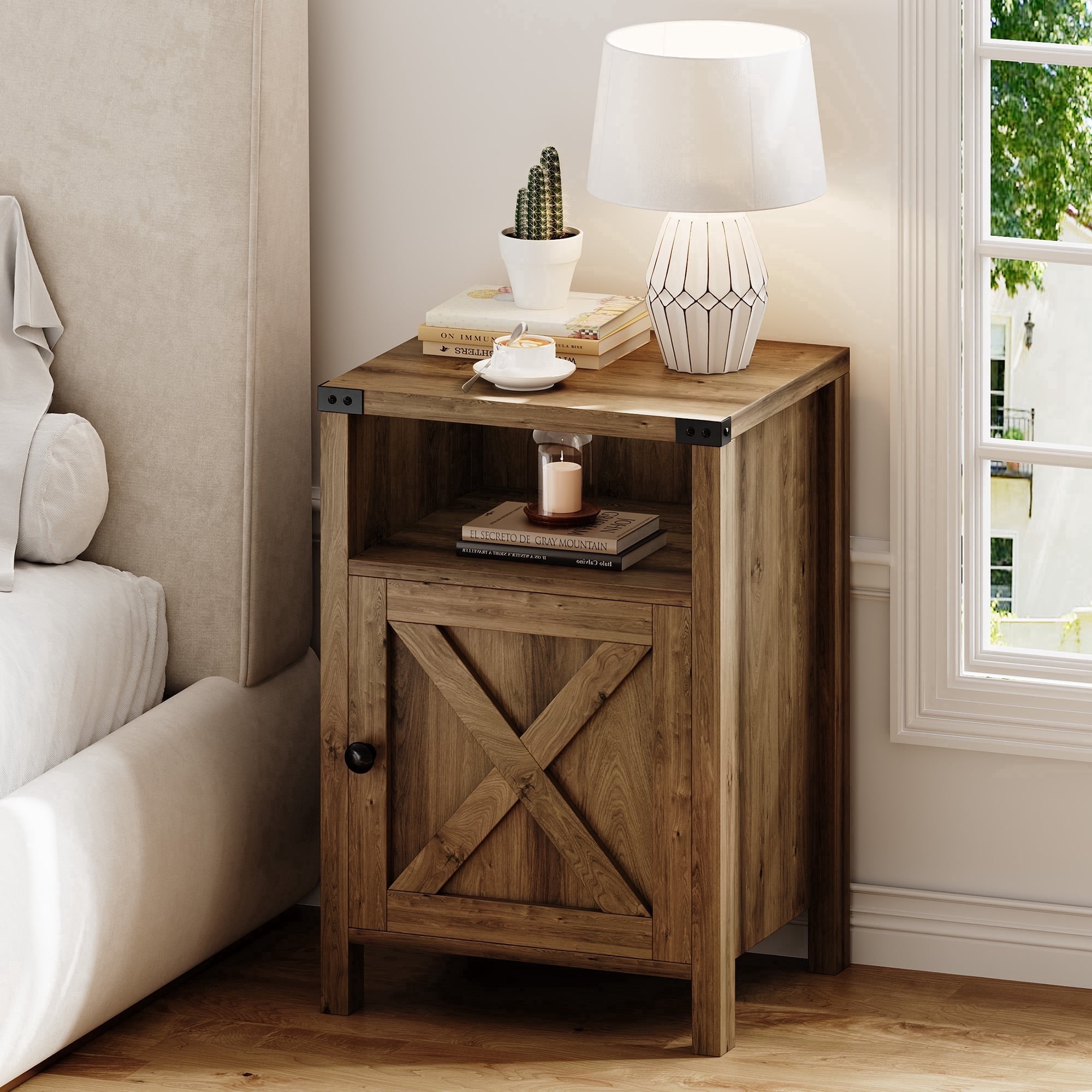 4 EVER WINNER Farmhouse Single Barn Door Side Table, Rustic Oak Storage End Table, Industrial Accent Table for Living Room Areas