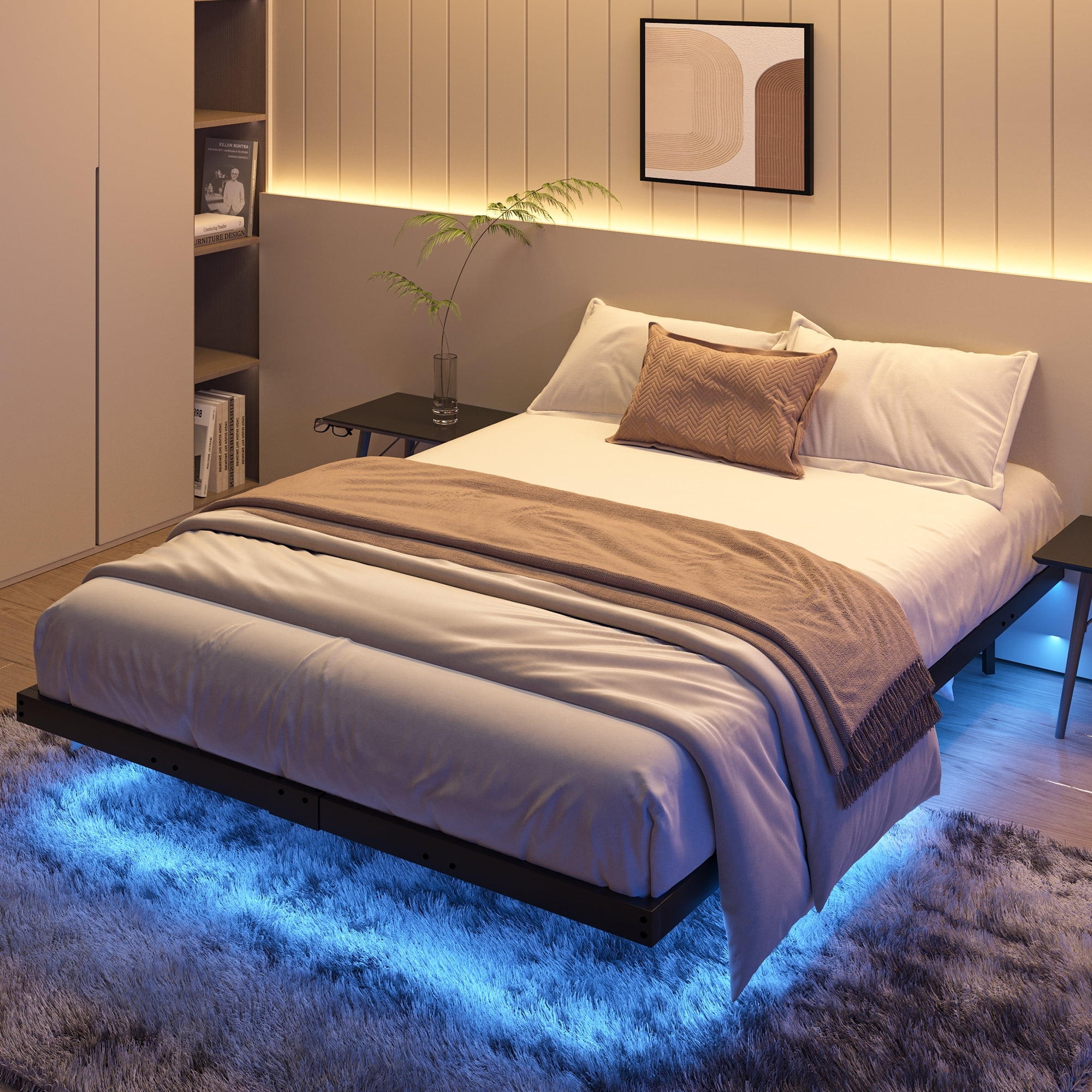 4 EVER WINNER Floating Bed Frame, Queen Size Metal Platform Bed with LED Lights, No Box Spring Needed, Black