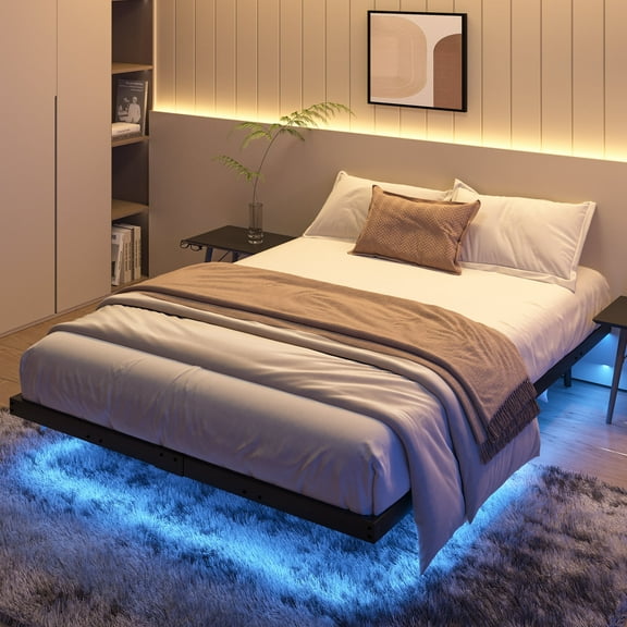 4 EVER WINNER Floating Bed Frame, Queen Size Metal Platform Bed with LED Lights, No Box Spring Needed, Black