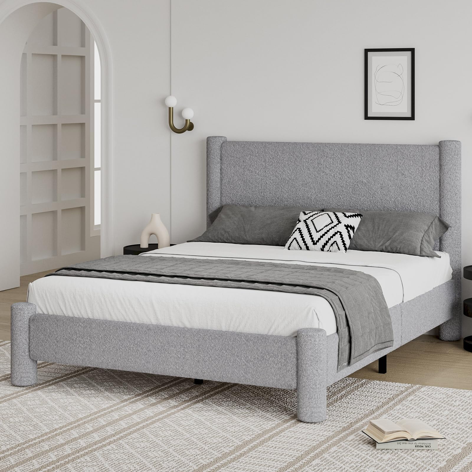 4 EVER WINNER Full Bed Frame, Full Size Bed Frame, Upholstered Full Bed with Rounded Legs, Boucle Bed Frame with Headborad, Grey