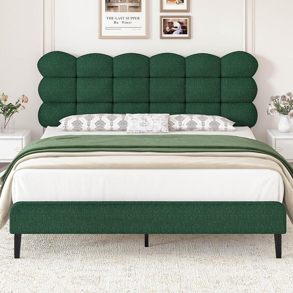 4 EVER WINNER Full Bed Frame, Full Size Bed Frame with Detachable Upholstered Headboard, Two Bed Forms Design, Teddy Fleece Fabric, Green