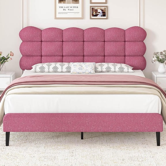 4 EVER WINNER Full Bed Frame, Full Size Bed Frame with Detachable Upholstered Headboard, Two Bed Forms Design, Teddy Fleece Fabric, Rose