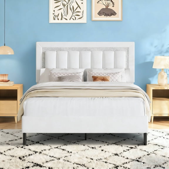 4 EVER WINNER Full Bed Frame with Headboard, Bed Frame Full Size with Wooden Slats Support, Diamond Vertical Stripe Design, Mattress Foundation, No Box Spring Needed, White