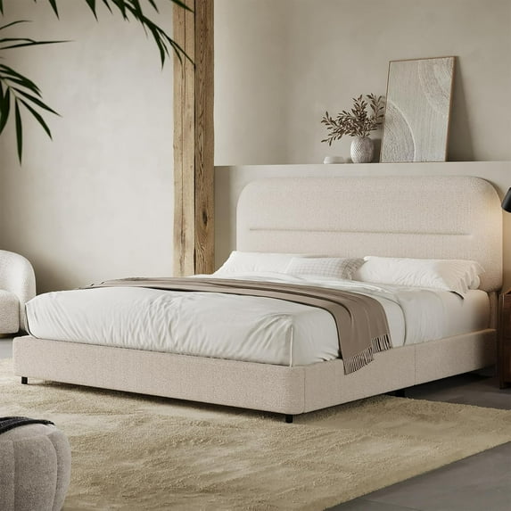 4 EVER WINNER Full Bed Frame with Headboard, Boucle Upholstered Platform Bed Frame wiith Rounded Corner, Soft Cloud Bed Frame, No Box Spring Needed, Cream