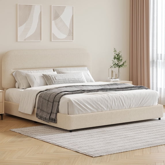 4 EVER WINNER Full Bed Frame with Headboard, Cloud Boucle Upholstered Platform Bed with Wood Slats, Soft Rounded Corners, No Box Spring Required, Non-Slip and Noise-Free, Easy Assembly, Cream