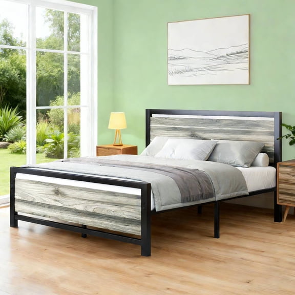 4 EVER WINNER Full Bed Frame with Headboard, Industrial Style Bed Frame Full Size, Full Size Bed Frame with Wooden Footboard, No Box Spring Needed, Noise-Free, Easy Assembly, Grey