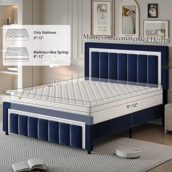 4 EVER WINNER Full Bed Frame with Headboard, Velvet Upholstered Platform Bed Frame Full Size with Diamond Headboard & Footboard, Wooden Slats Support, No Box Spring Required, Easy Assembly, Blue