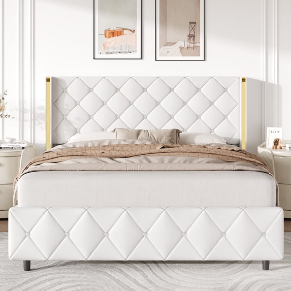 4 EVER WINNER Full Bed Frame, PU Leather Upholstered Platform Bed Frame with Diamond Tufted Headboard and Wingback, White