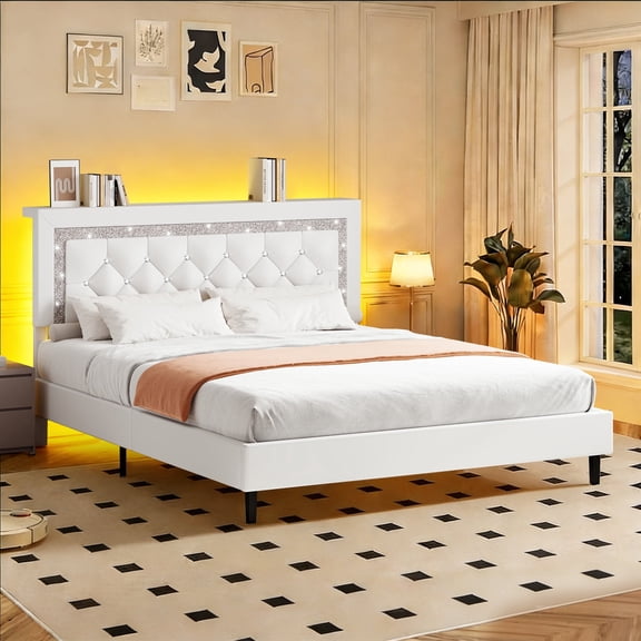 4 EVER WINNER Full Bed Frame with Storage Headboard, Faux Leather Bed Frame with Diamond Tufted Headboard and LED Lights,Wooden Slats Support, Noise Free, No Box Spring Needed, Easy Assembly, White