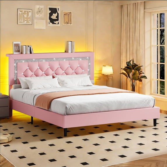 4 EVER WINNER Full Bed Frame with Storage Headboard, Faux Leather Bed Frame with Diamond Tufted Headboard and LED Lights,Wooden Slats Support, Noise Free, No Box Spring Needed, Easy Assembly, Pink