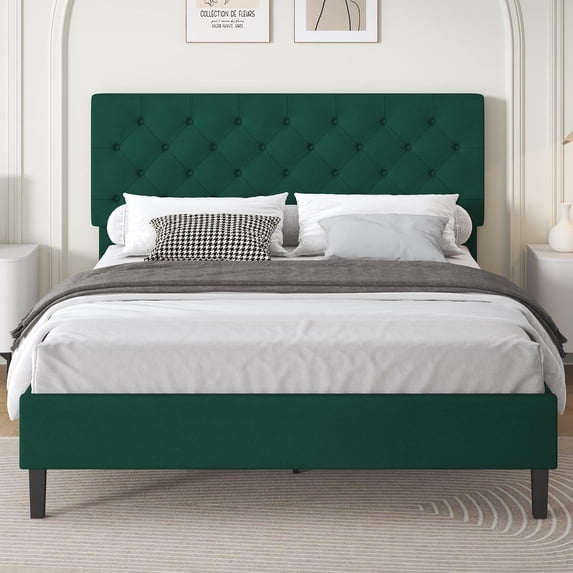 4 EVER WINNER Full Bed Frame, Full Upholstered Platform Bed with Button Tufted Headboard, Green