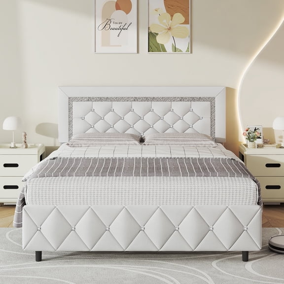 4 EVER WINNER Full Bed Frame, Upholstered Platform Bed Frame with Headboard and Footboard, Diamond Headboard and Footboard Design, White