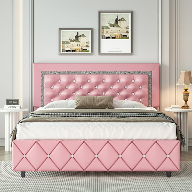4 EVER WINNER Full Bed Frame, Upholstered Platform Bed Frame with PU Faux Leather Diamond Tufted