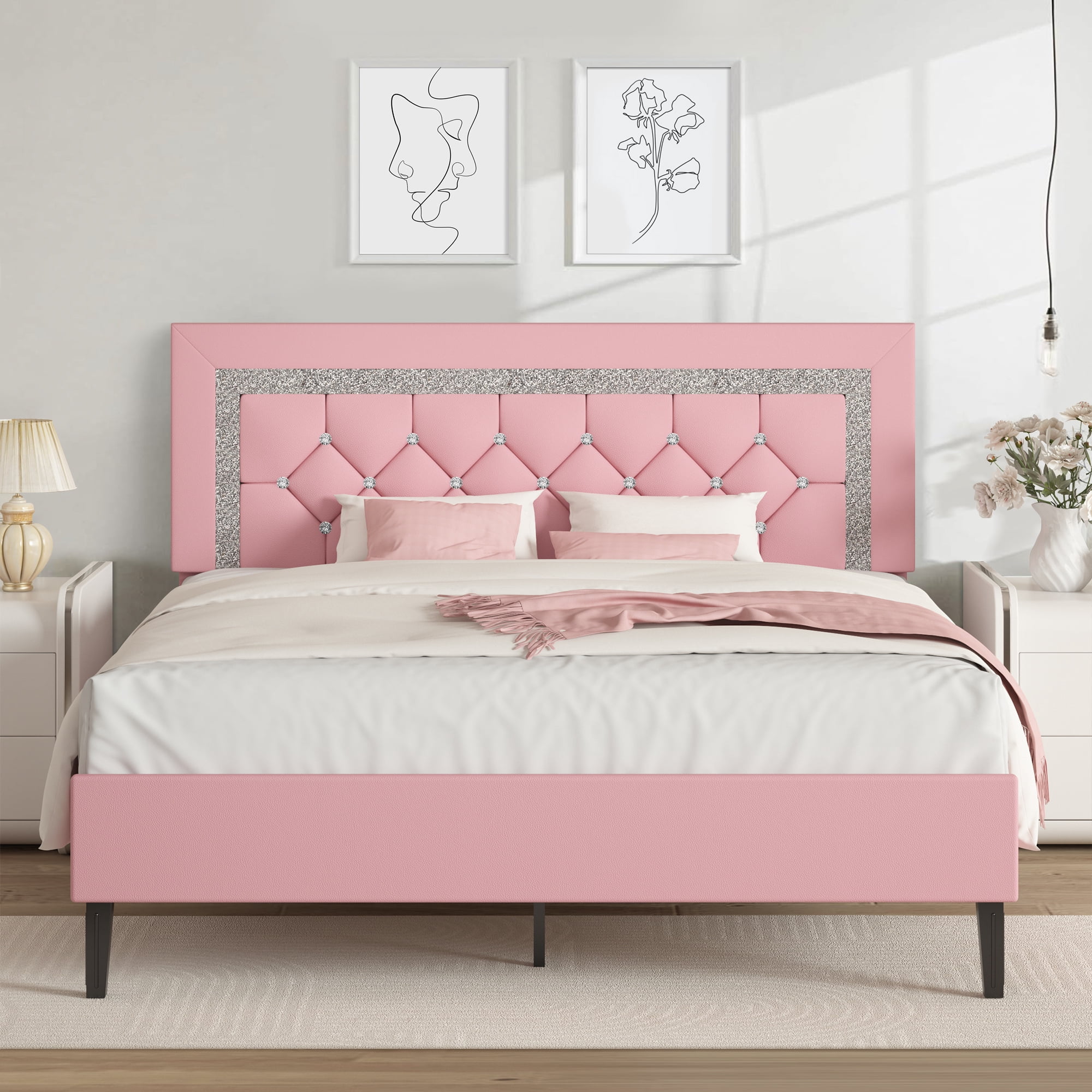 4 EVER WINNER Full Bed Frame, Upholstered Platform Bed with Headboard ...